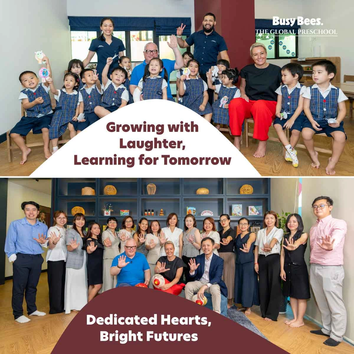 Mr. Simon Irons, CEO of Busy Bees Global, and Ms. Cheryl Creaser, Chief of Staff, together with teachers and students at Busy Bees Global Preschool Vietnam.