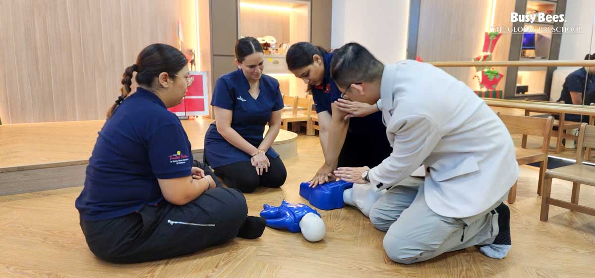 Choking rescue techniques, including the Heimlich manoeuvre, are practised in age-appropriate formats for preschoolers